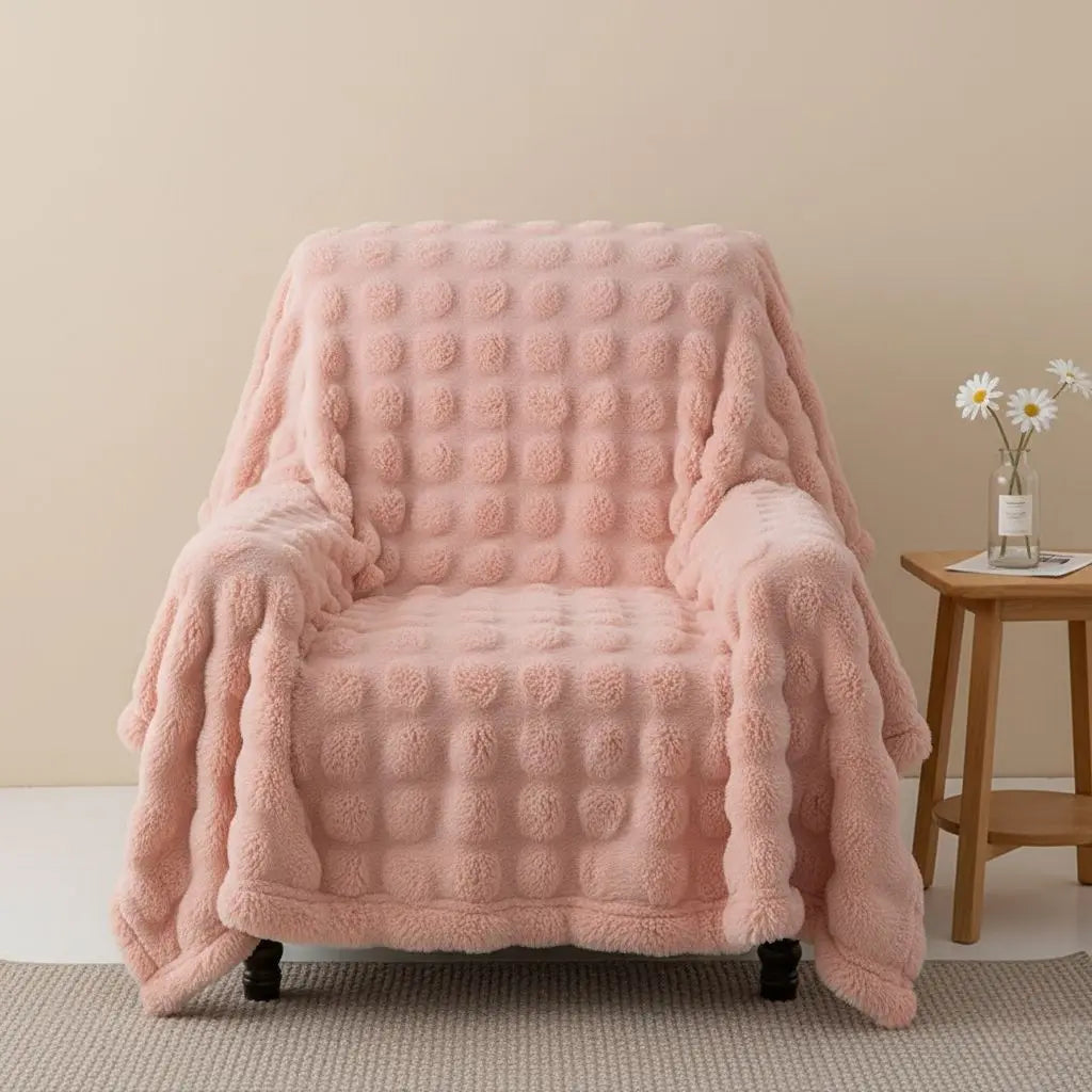 Lightweight bubble textured flannel blanket in polyester for sofa layering