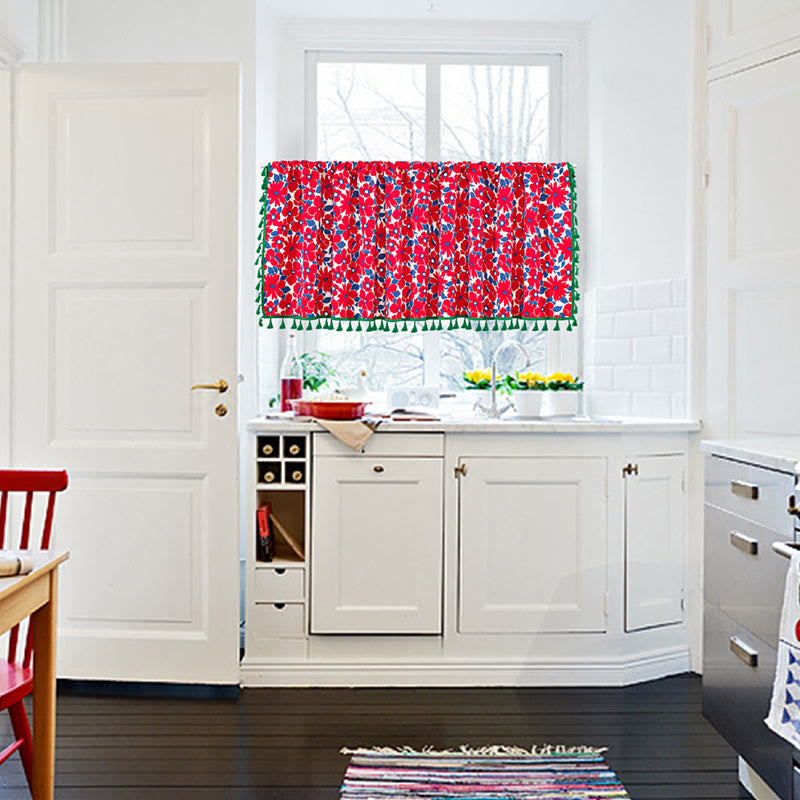 Red Flower Print Tassel Tier Curtain-2