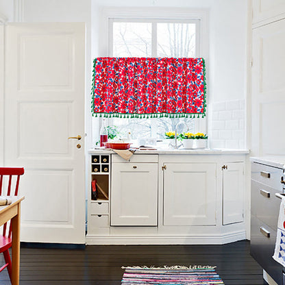 Red Flower Print Tassel Tier Curtain-2