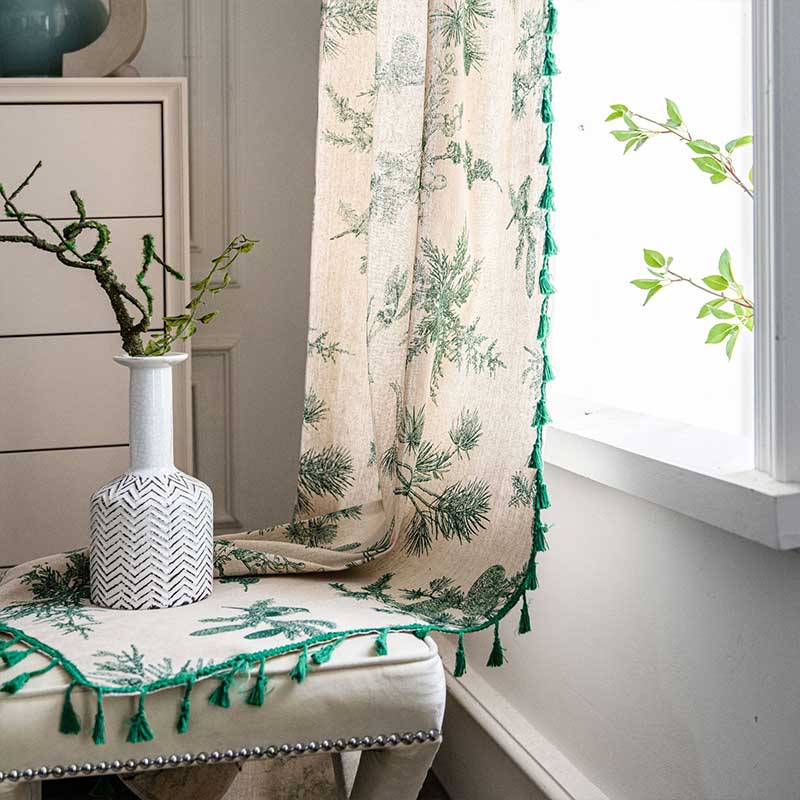 Natural Leaf Print Boho Tassel Curtain Cotton Drapes