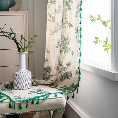 Natural Leaf Print Boho Tassel Curtain Cotton Drapes