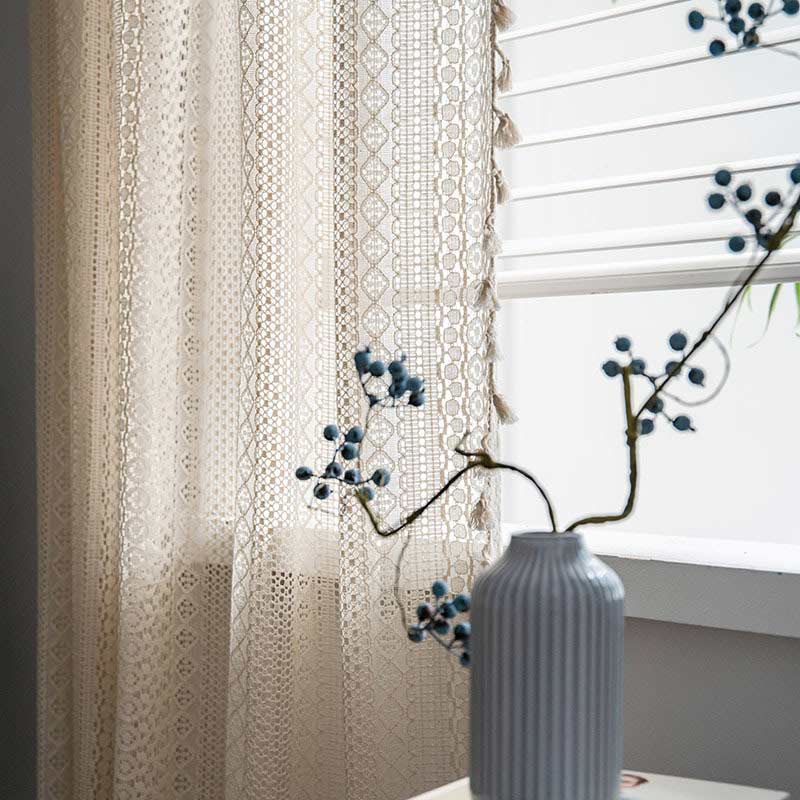 Sheer Off-White Window Tassel Curtain Panels
