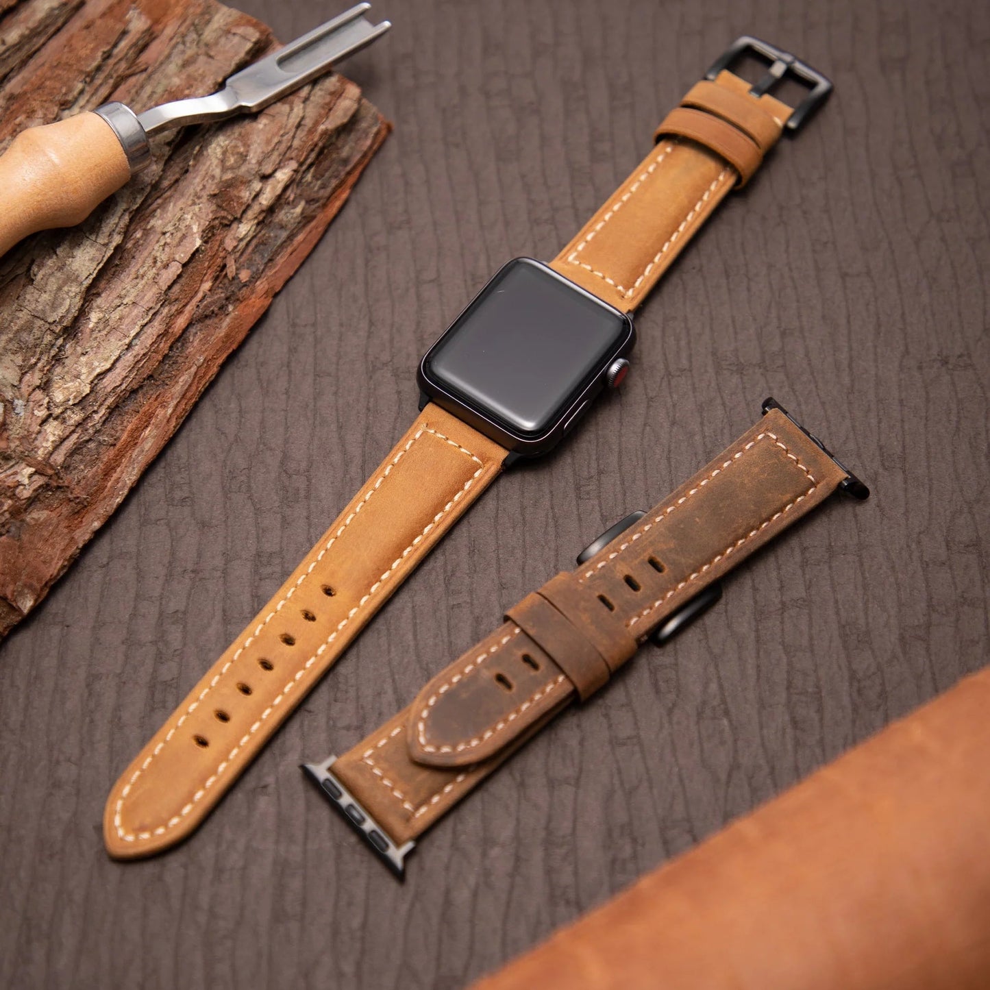 Classic Brown Leather Watch Strap — Iced Pattern
