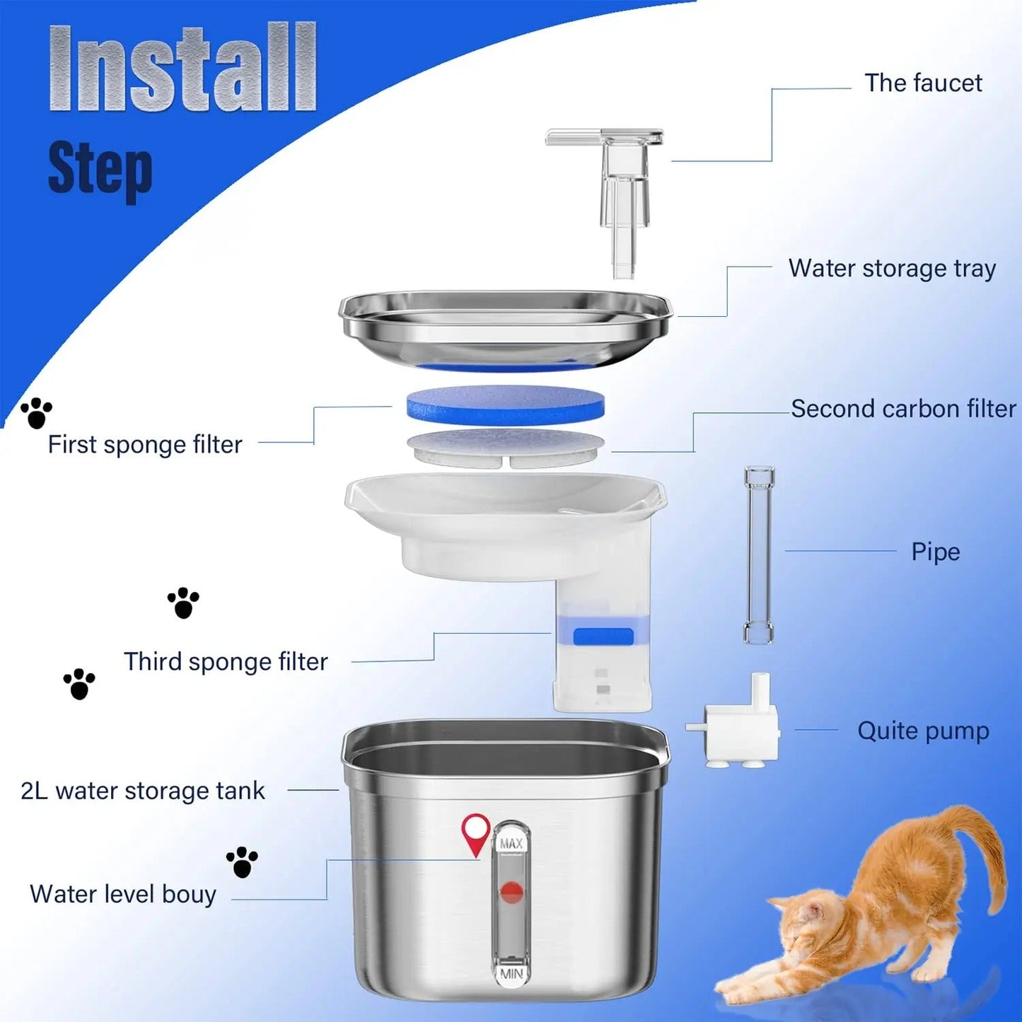 Pet Stainless Steel Automatic Cat Water Fountain