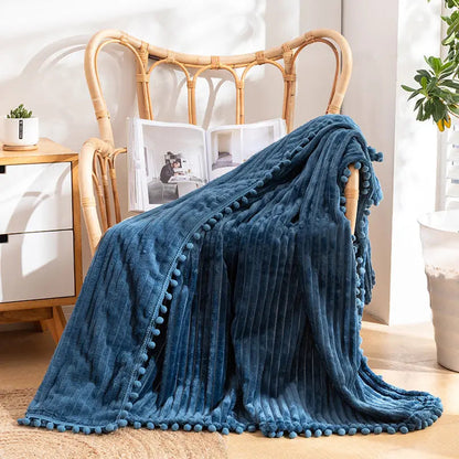  Pom detail throw with striped velvet texture ideal for lounging and home comfort
