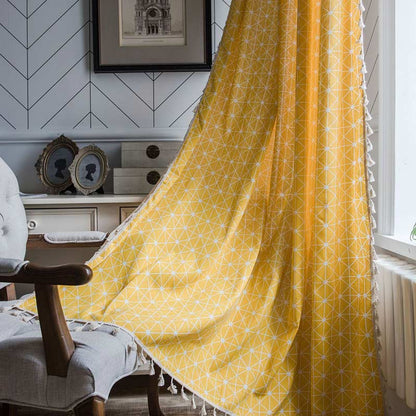 Bright Checked Sheer Drapes with Fringe