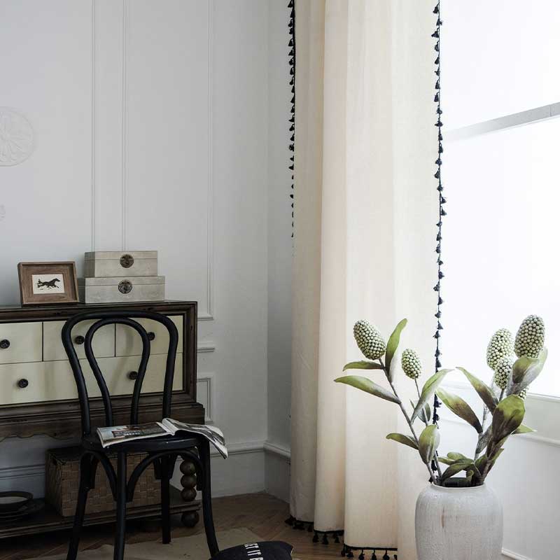 Natural Textured Beige Drapes with Black Trim