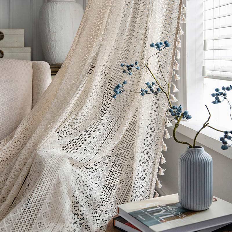 Sheer Off-White Window Tassel Curtain Panels - Lusomart