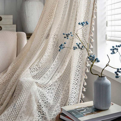 Sheer Off-White Window Tassel Curtain Panels - Lusomart