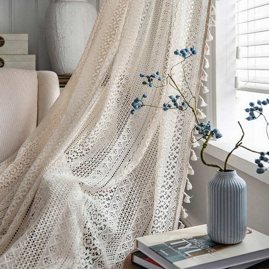 Sheer Off-White Window Tassel Curtain Panels - Lusomart