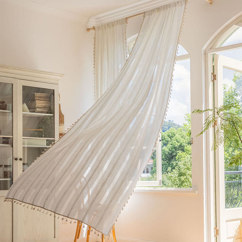 Patterned Gray Room Darkening Curtain Tassel Panels