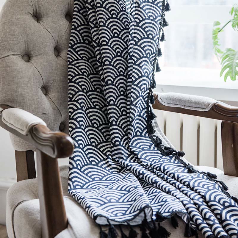 Navy Blue Textured Semi Blockout Curtain with Tassel Trim