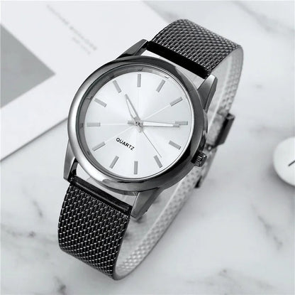 Sleek Black Leather Mens Watch with Metal Strap