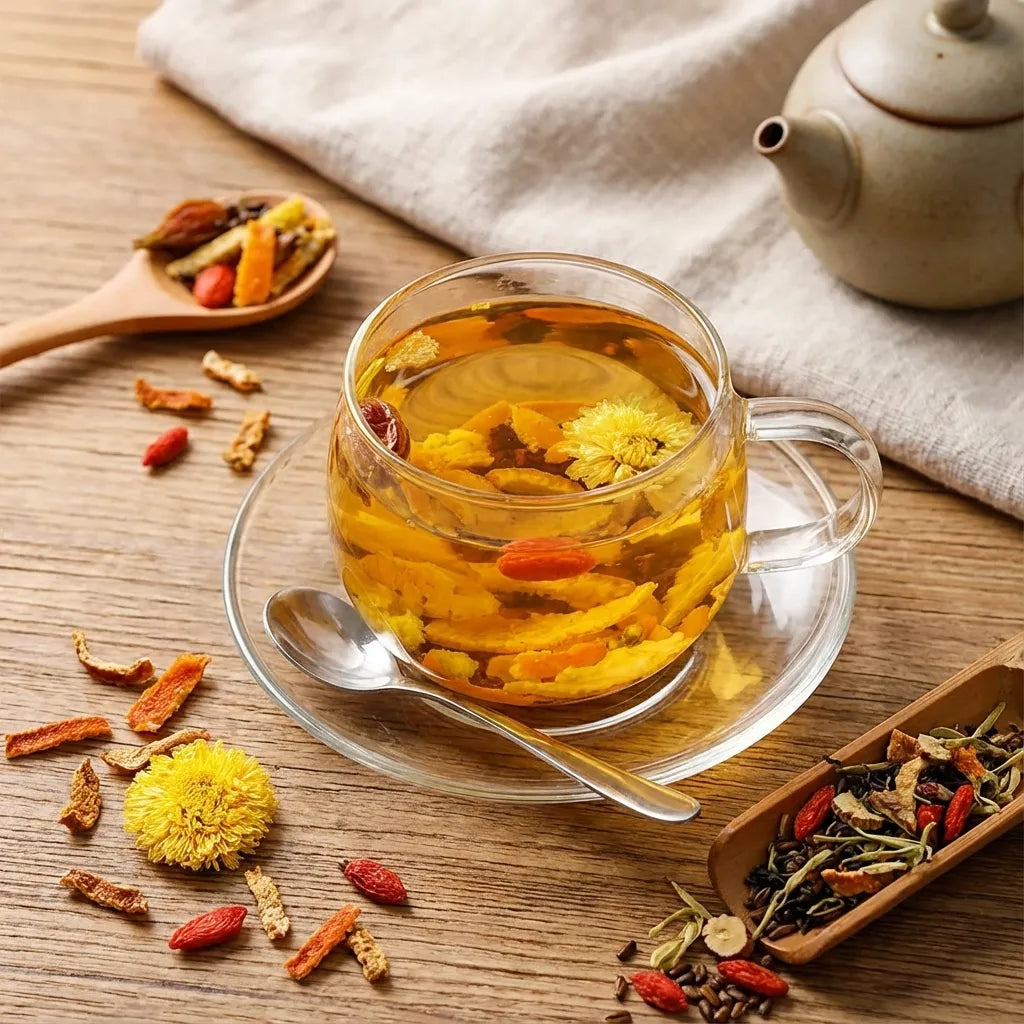 Clear glass mug filled with herbal tea on a wooden table with tea leaves and a teapot.
