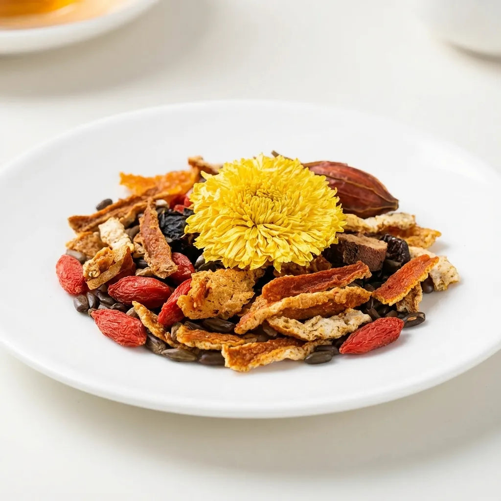 Assorted dried herbs and flowers on a white plate with a yellow flower in the center.