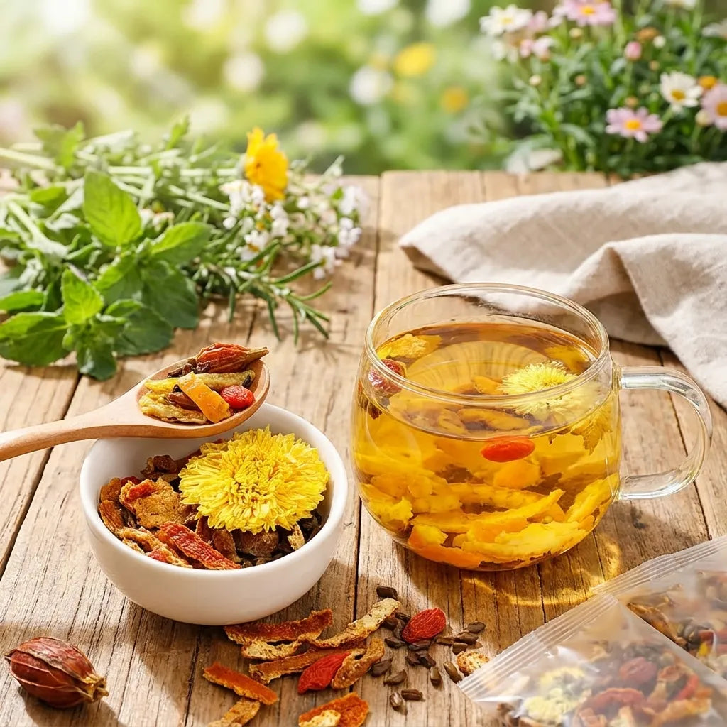Herbal tea with dried flowers and leaves on a wooden table with a natural background.