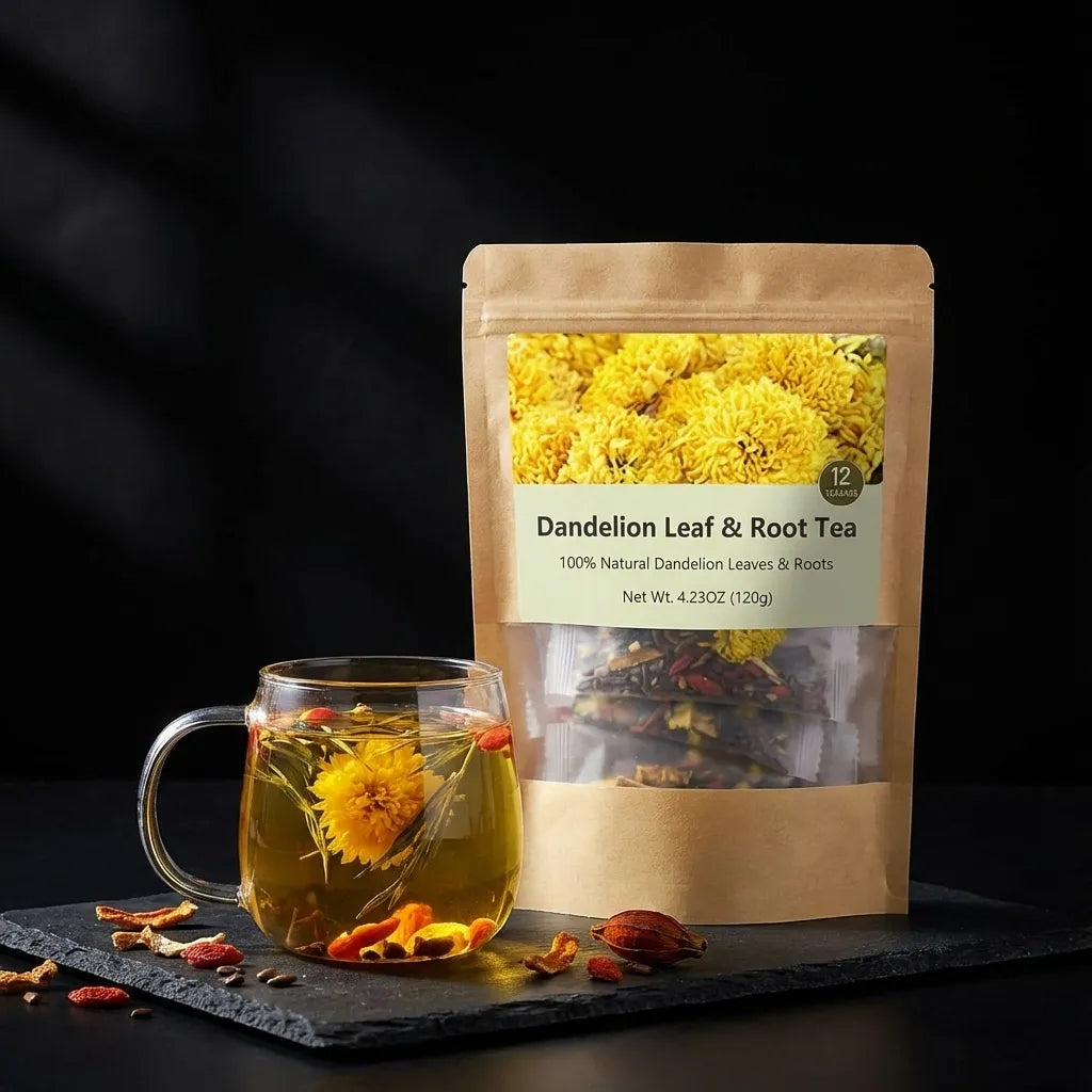 Dandelion leaf and root tea package with a glass of tea on a dark surface