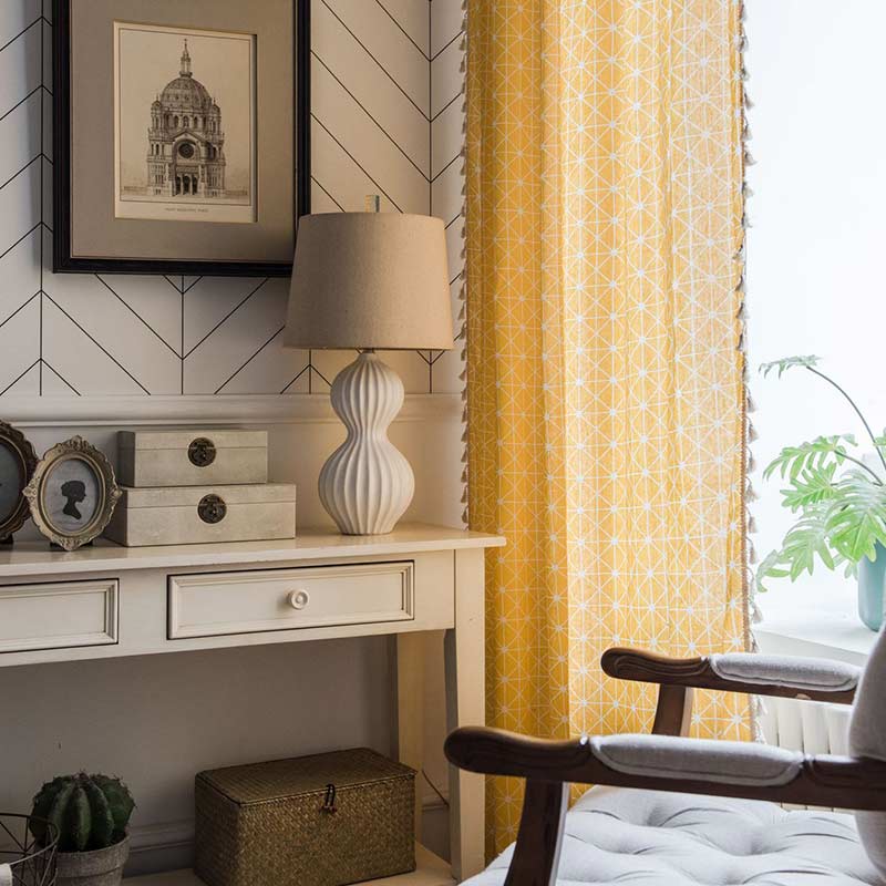 Bright Checked Sheer Drapes with Fringe