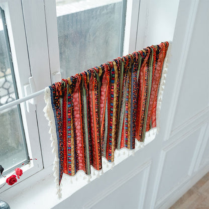Vibrant Checkered Tassel Layered Curtain in Natural Fabric