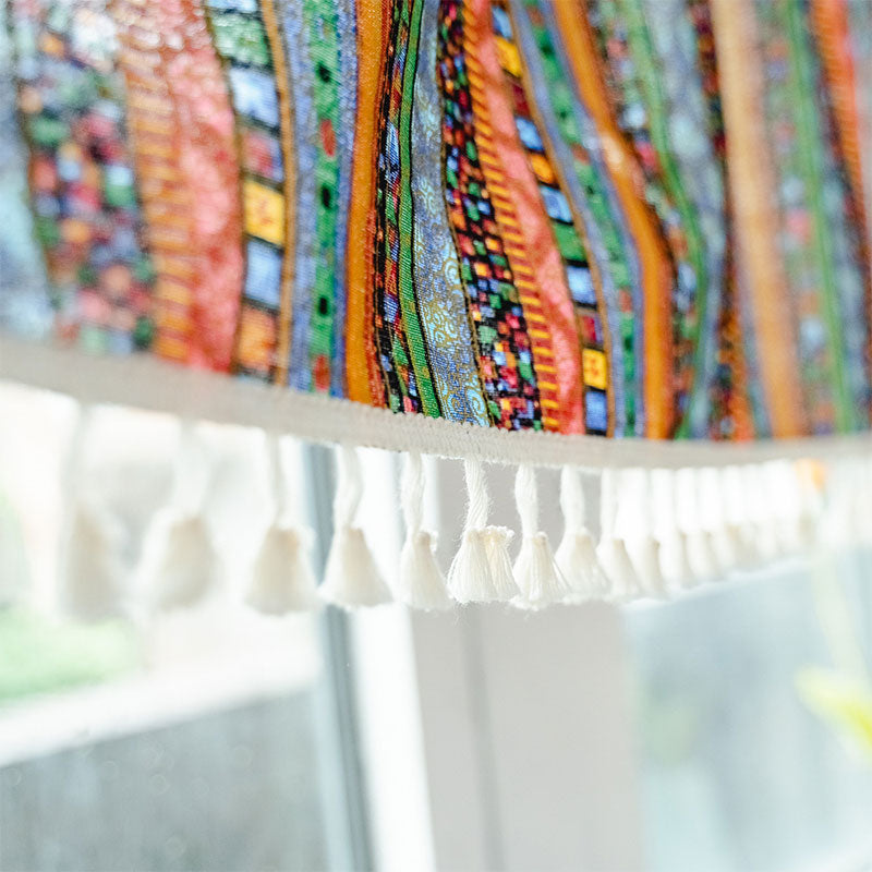 Vibrant Checkered Tassel Layered Curtain in Natural Fabric
