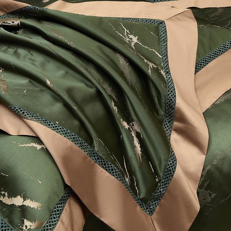 Luxury Green Cotton Duvet Cover Set with Marble Pattern
