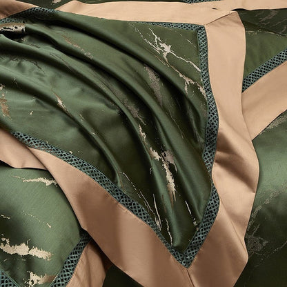 Luxury Green Cotton Duvet Cover Set with Marble Pattern