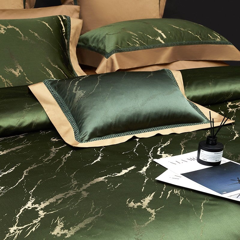 Luxury Green Cotton Duvet Cover Set with Marble Pattern