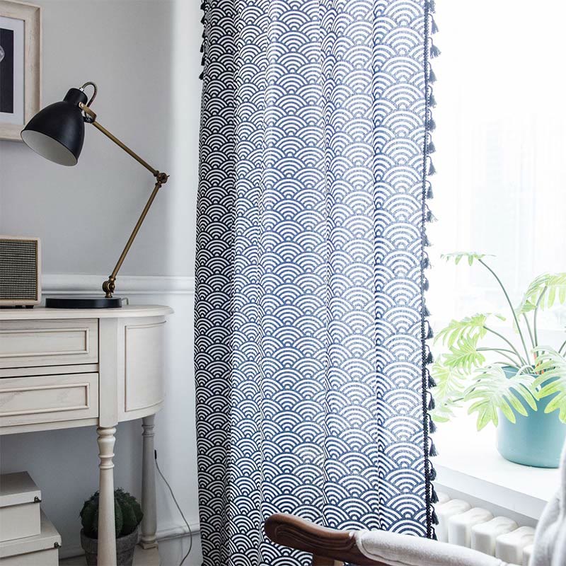 Navy Blue Textured Semi Blockout Curtain with Tassel Trim