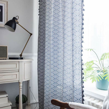 Navy Blue Textured Semi Blockout Curtain with Tassel Trim