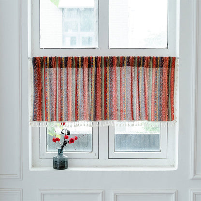 Vibrant Checkered Tassel Layered Curtain in Natural Fabric - Lusomart