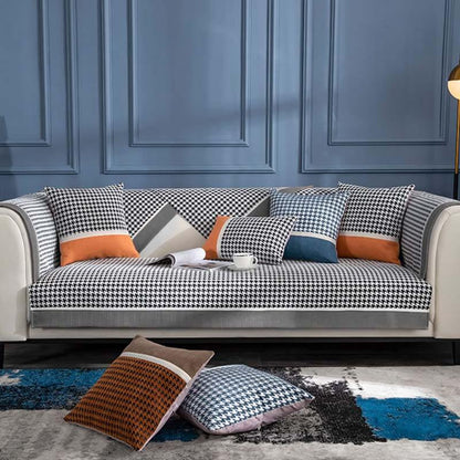 Plush Houndstooth Pattern Velvet Sofa Slipcover