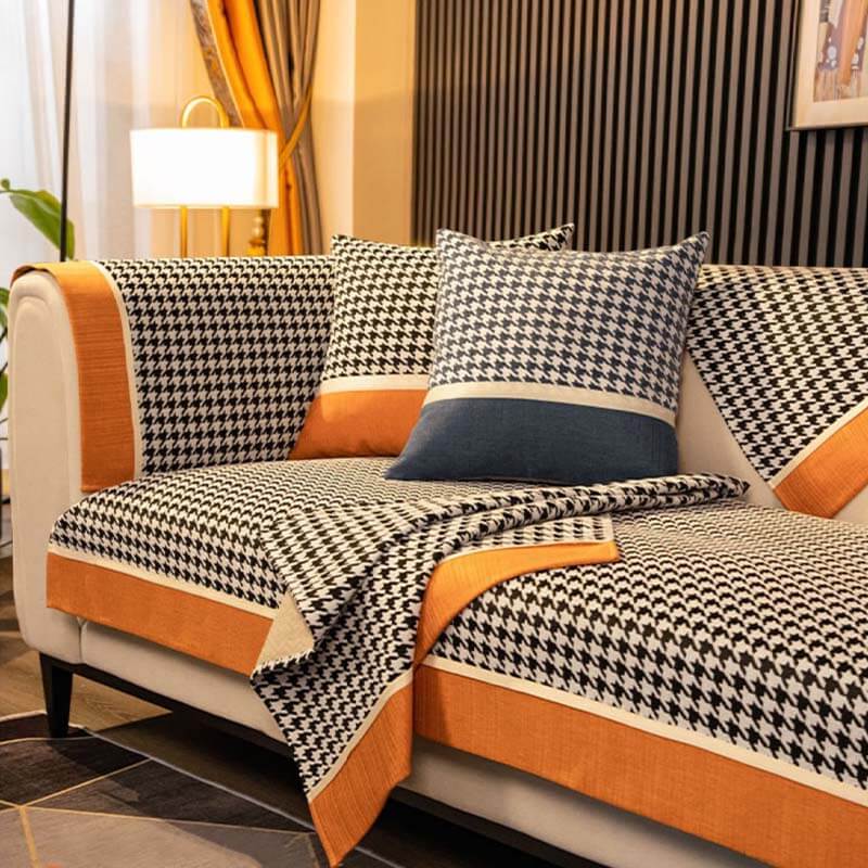 Plush Houndstooth Pattern Velvet Sofa Slipcover - Lusomart