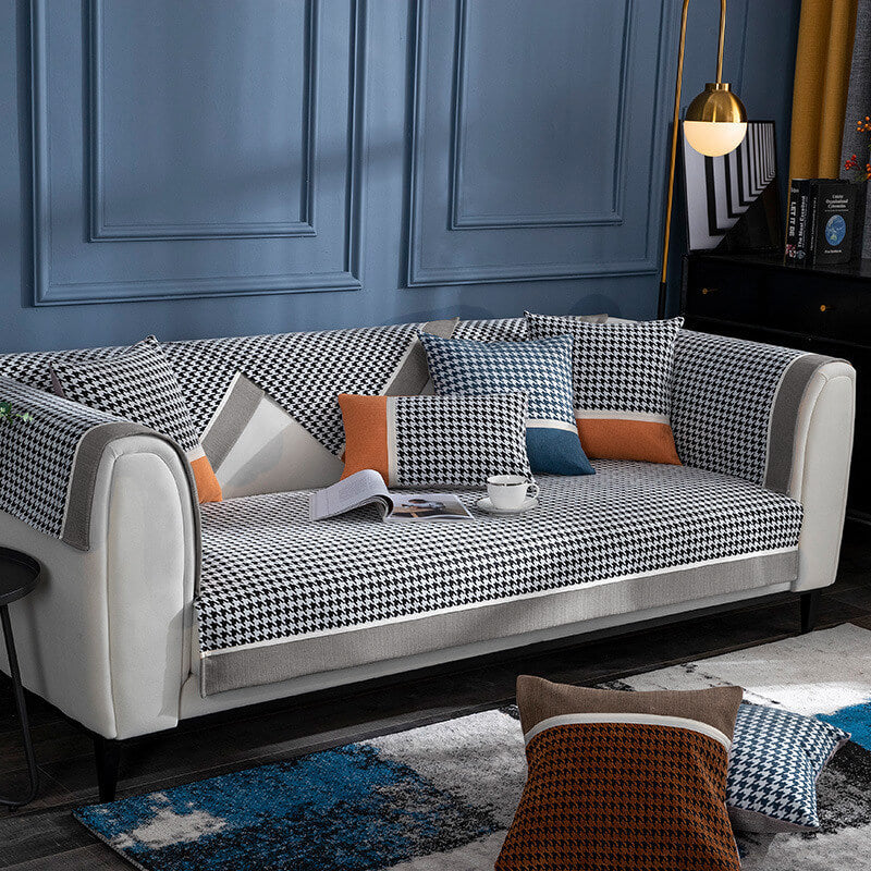 Plush Houndstooth Pattern Velvet Sofa Slipcover
