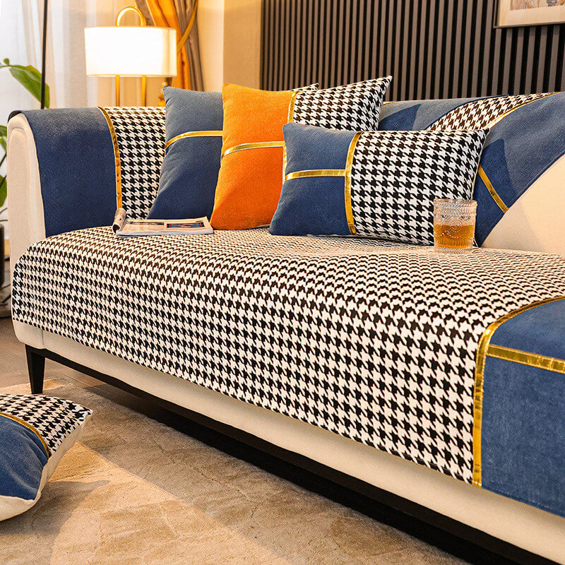 Plush Houndstooth Pattern Velvet Sofa Slipcover
