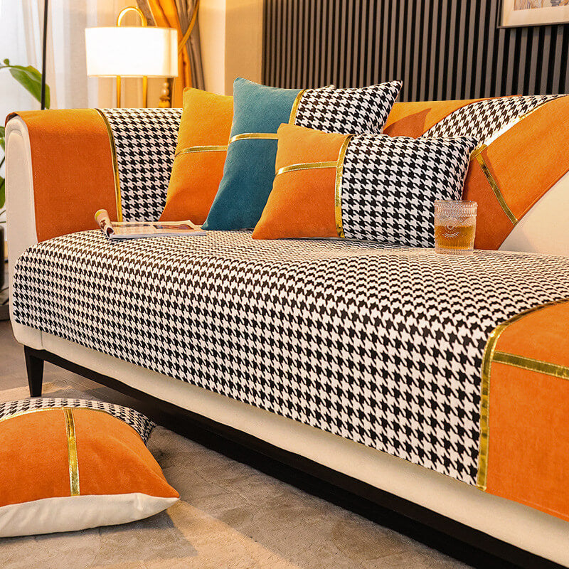 Plush Houndstooth Pattern Velvet Sofa Slipcover