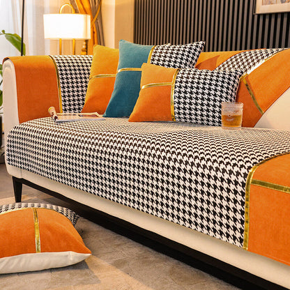 Plush Houndstooth Pattern Velvet Sofa Slipcover