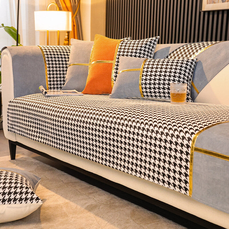 Plush Houndstooth Pattern Velvet Sofa Slipcover