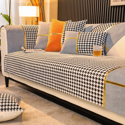 Plush Houndstooth Pattern Velvet Sofa Slipcover