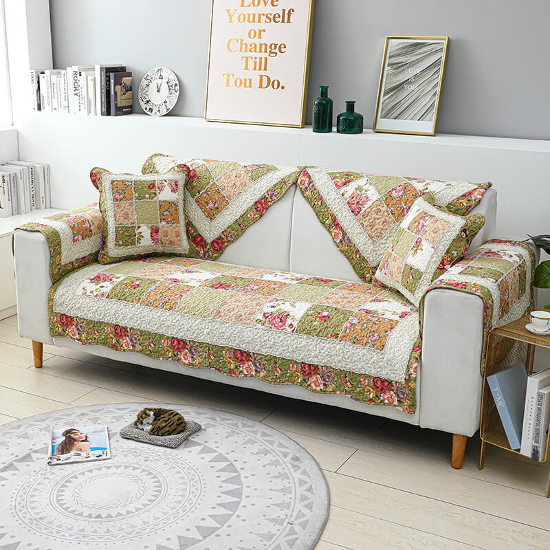 Classic Floral Pattern Sofa Slipcover - Comfortable Green Throw Cover