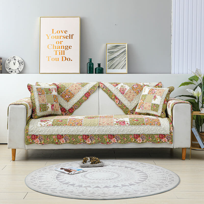 Classic Floral Pattern Sofa Slipcover - Comfortable Green Throw Cover