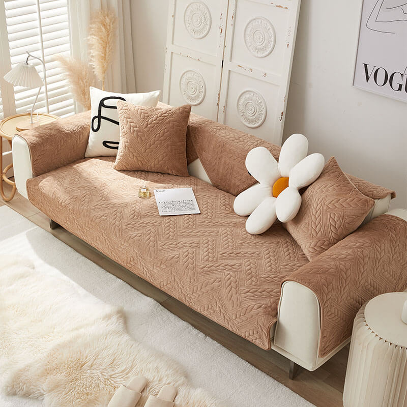 Soft Plush Anti-Slip Sofa Cover with Embroidered Design