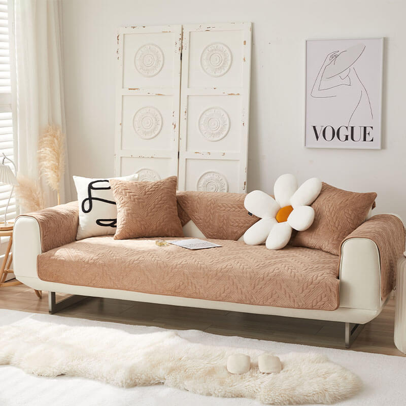 Soft Plush Anti-Slip Sofa Cover with Embroidered Design