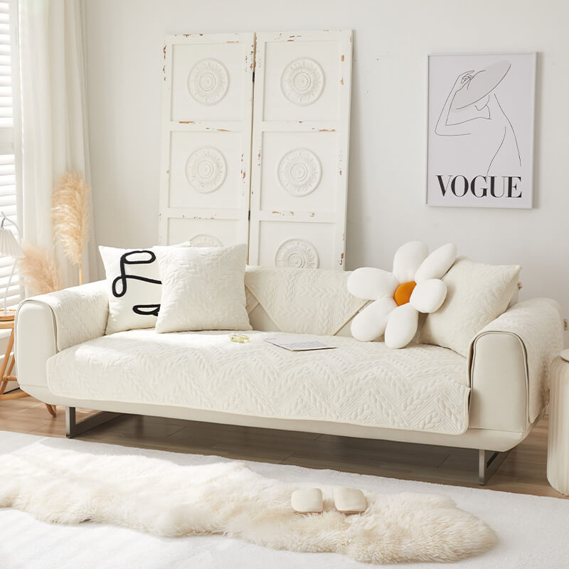 Soft Plush Anti-Slip Sofa Cover with Embroidered Design