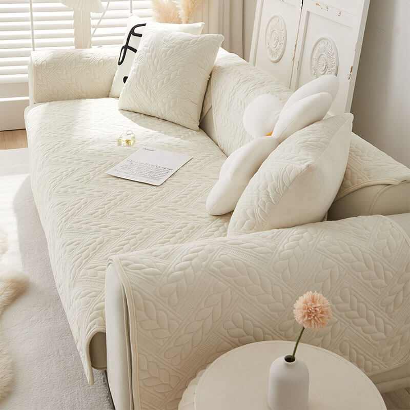 Soft Plush Anti-Slip Sofa Cover with Embroidered Design