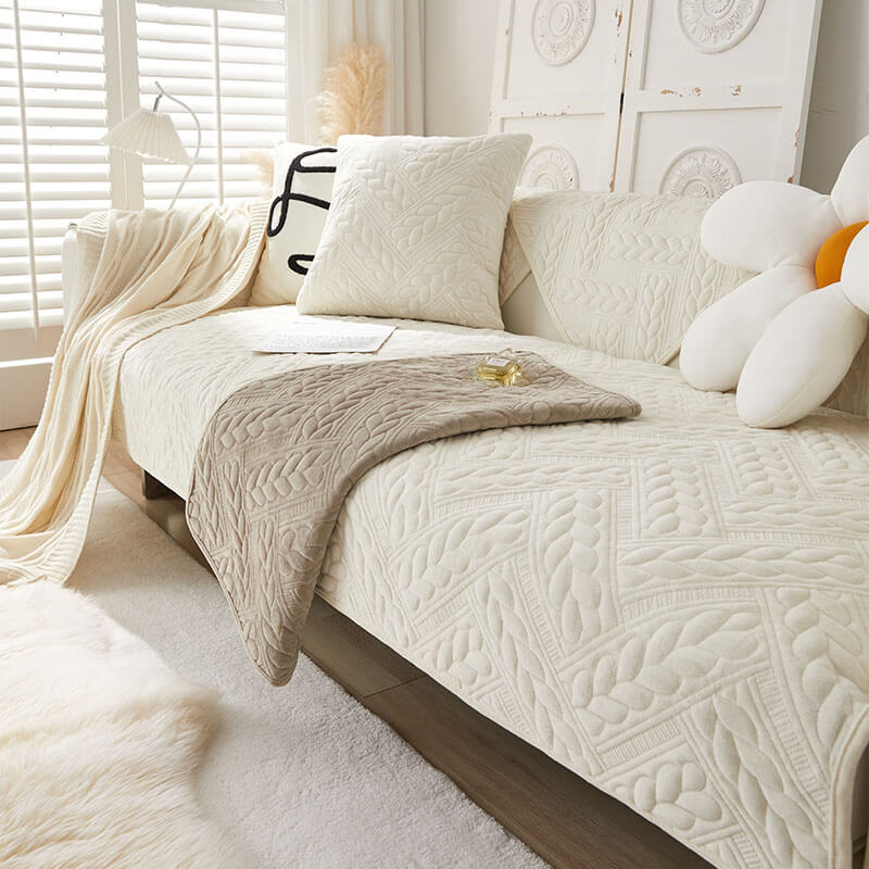Soft Plush Anti-Slip Sofa Cover with Embroidered Design