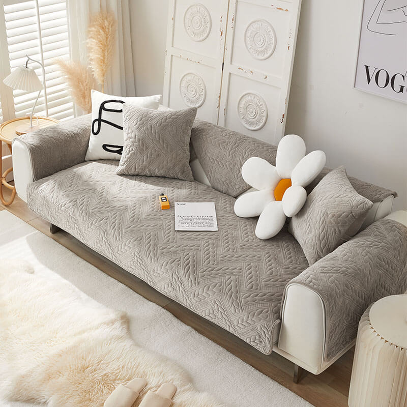 Soft Plush Anti-Slip Sofa Cover with Embroidered Design