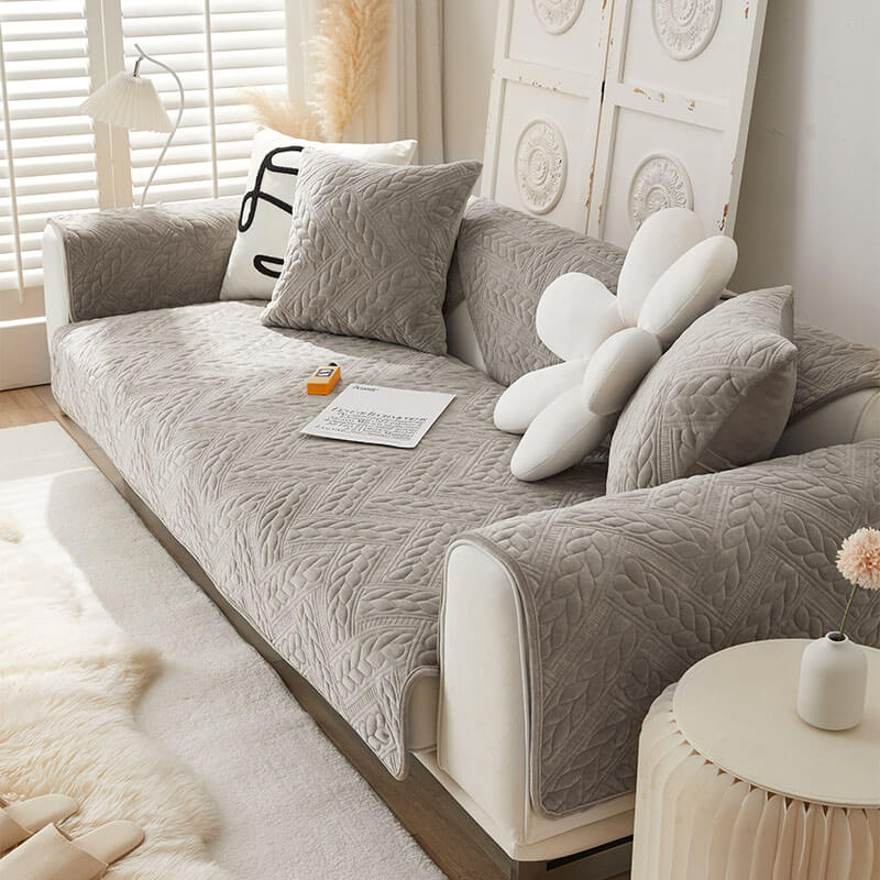 Soft Plush Anti-Slip Sofa Cover with Embroidered Design