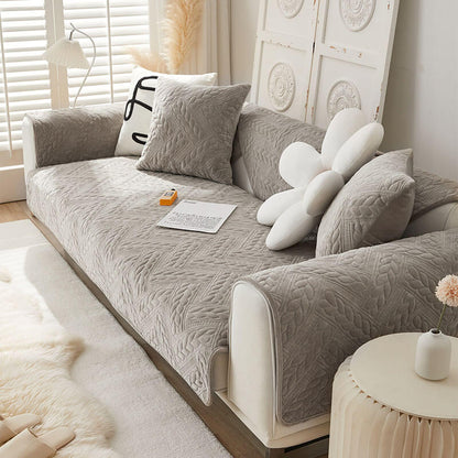 Soft Plush Anti-Slip Sofa Cover with Embroidered Design