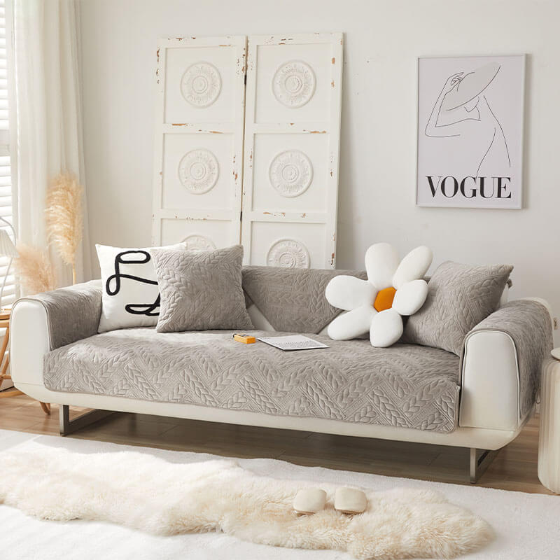 Soft Plush Anti-Slip Sofa Cover with Embroidered Design