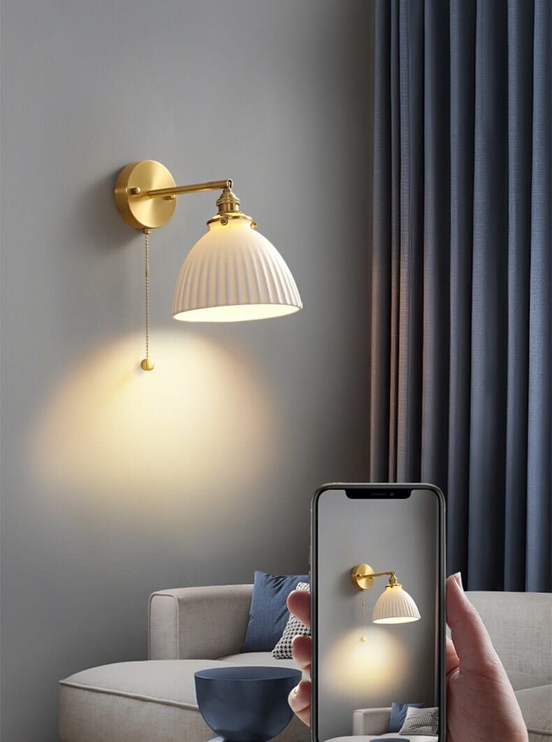 Unique Ceramic Wall Light with Fabric Shade